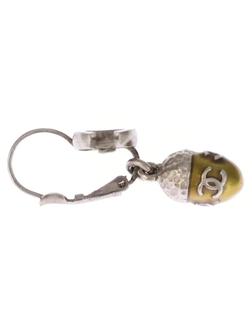 Chanel CC Logo Acorn Motif Earrings Silver Yellow